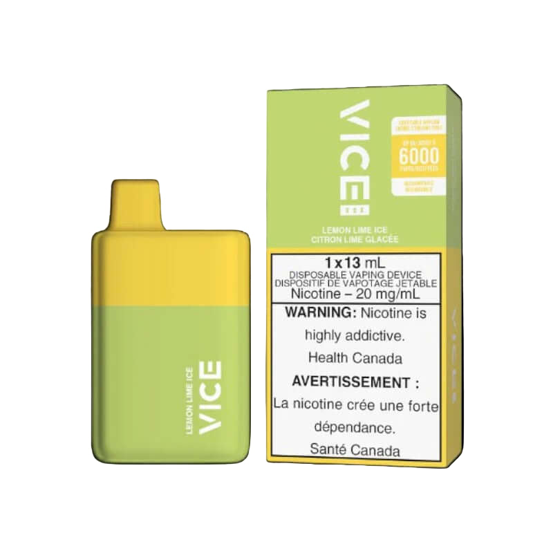 Vice 6000 disposable vape, Lemon Lime flavour, 20mg nicotine salt, rechargeable, long-lasting satisfaction, designed for Ontario and Quebec vapers.