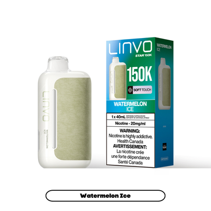 Linvo Star 150K disposable vape in Watermelon Ice flavour, 150,000 puffs, 20mg salt nicotine, available at Supa Vapes Canada.
