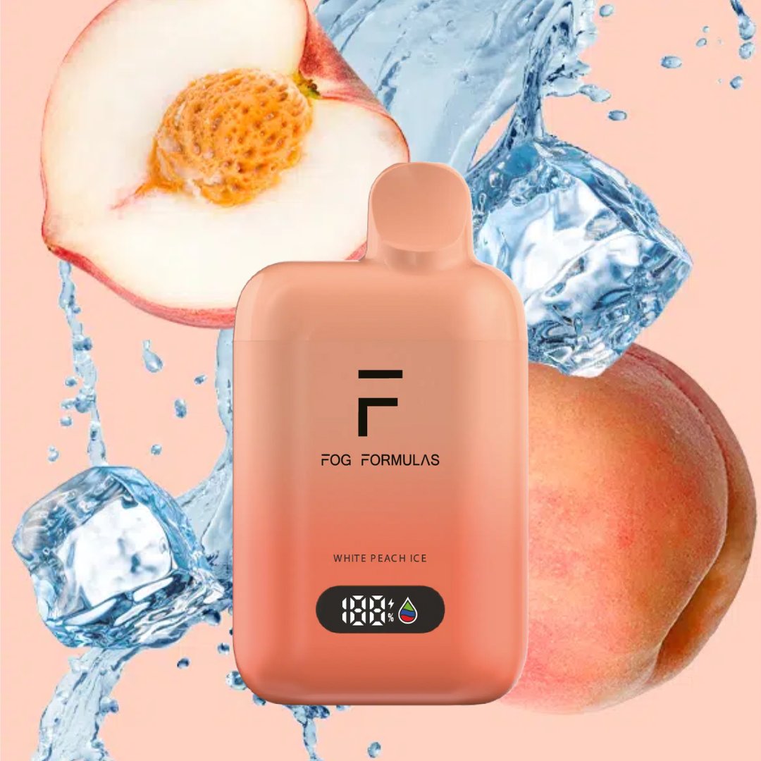 Series 15000 Disposable FOG Formulas Series in white peach ice flavor with ice cubes and peach slices.