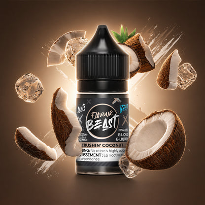 Flavour Beast Crushin' Coconut Iced 30mL salt nicotine e-liquid, 20mg/mL, tropical coconut with icy menthol finish, for refillable pod systems, available at Supa Vapes Canada.