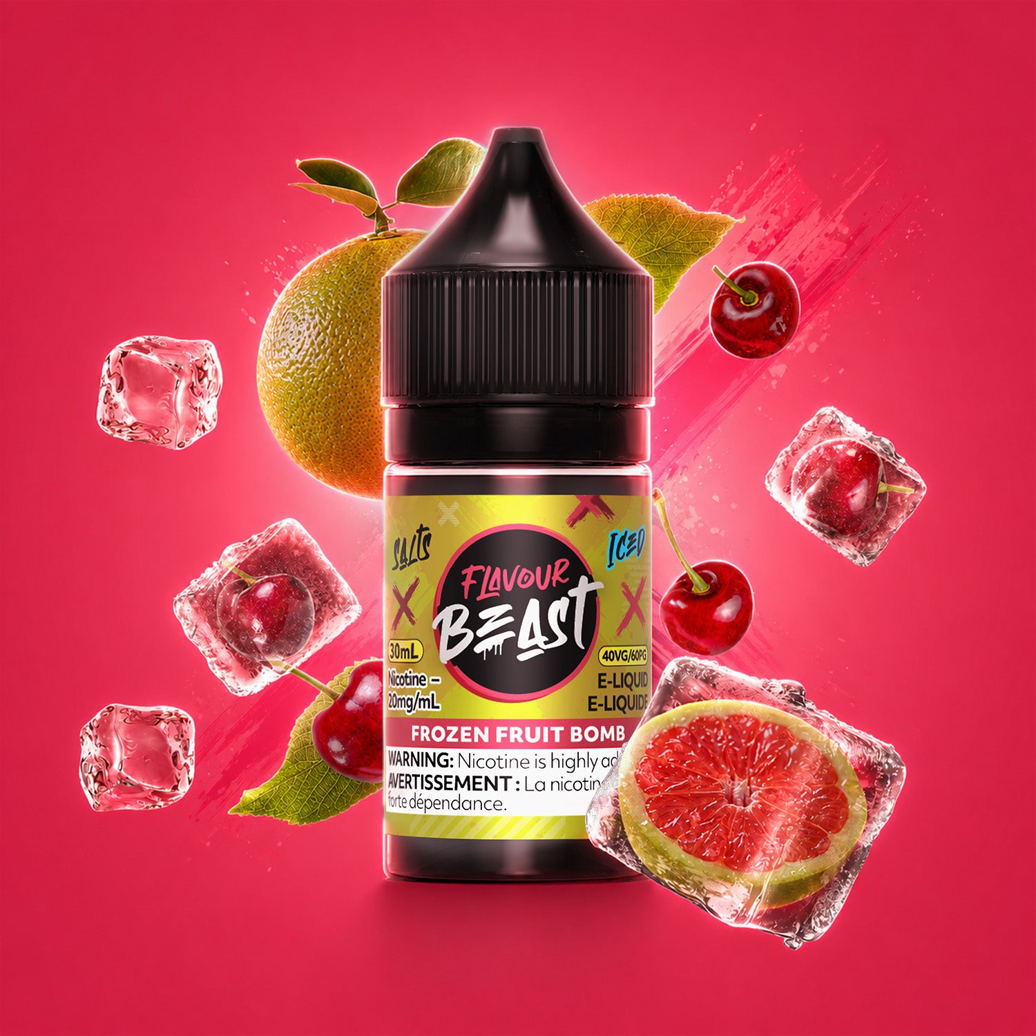 Flavour Beast Frozen Fruit Bomb Iced 30mL salt nicotine e-liquid, 20mg/mL, mixed fruit explosion with crisp menthol finish, for refillable pod systems, available at Supa Vapes Canada.