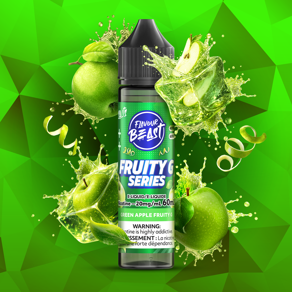 Flavour Beast Green Apple Fruity G Series 60mL salt nicotine e-liquid, 20mg/mL, crisp green apple with bright intensity, for refillable pod systems, available at Supa Vapes Canada.
