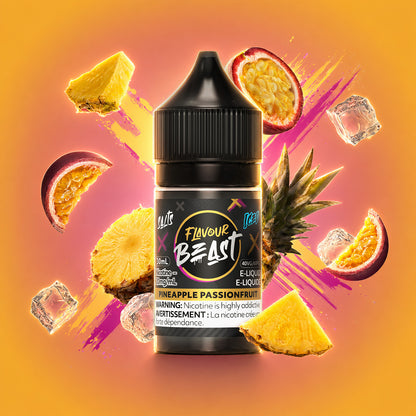 Flavour Beast Pineapple Passionfruit Iced 30mL salt nicotine e-liquid, 20mg/mL, tangy pineapple and passionfruit with iced menthol finish, for refillable pod systems, available at Supa Vapes Canada.