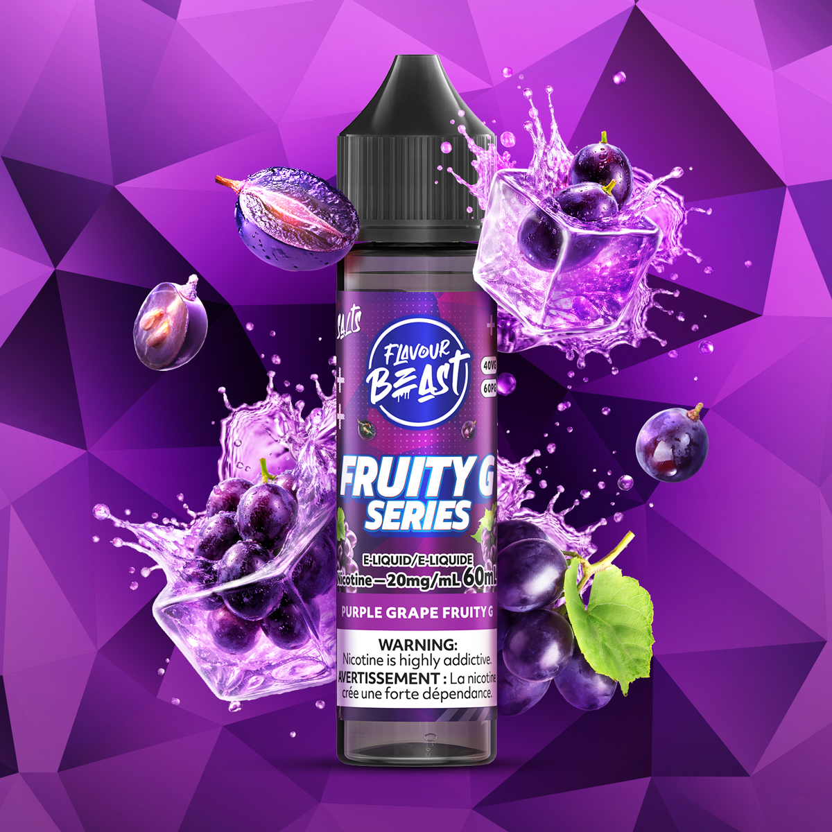 Flavour Beast Purple Grape Fruity G Series 60mL salt nicotine e-liquid, 20mg/mL, bold grape flavour with deep concentrated fruit character, for refillable pod systems, available at Supa Vapes Canada.