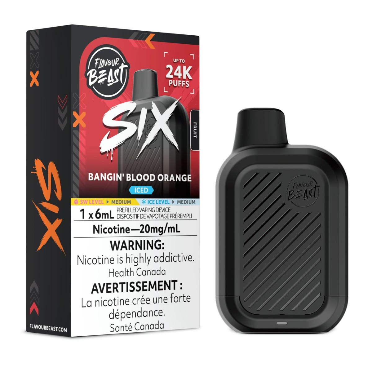 Flavour Beast SIX disposable vape in Bangin' Blood Orange Iced flavour, 24,000 puffs, 6mL | Supa Vapes Canada