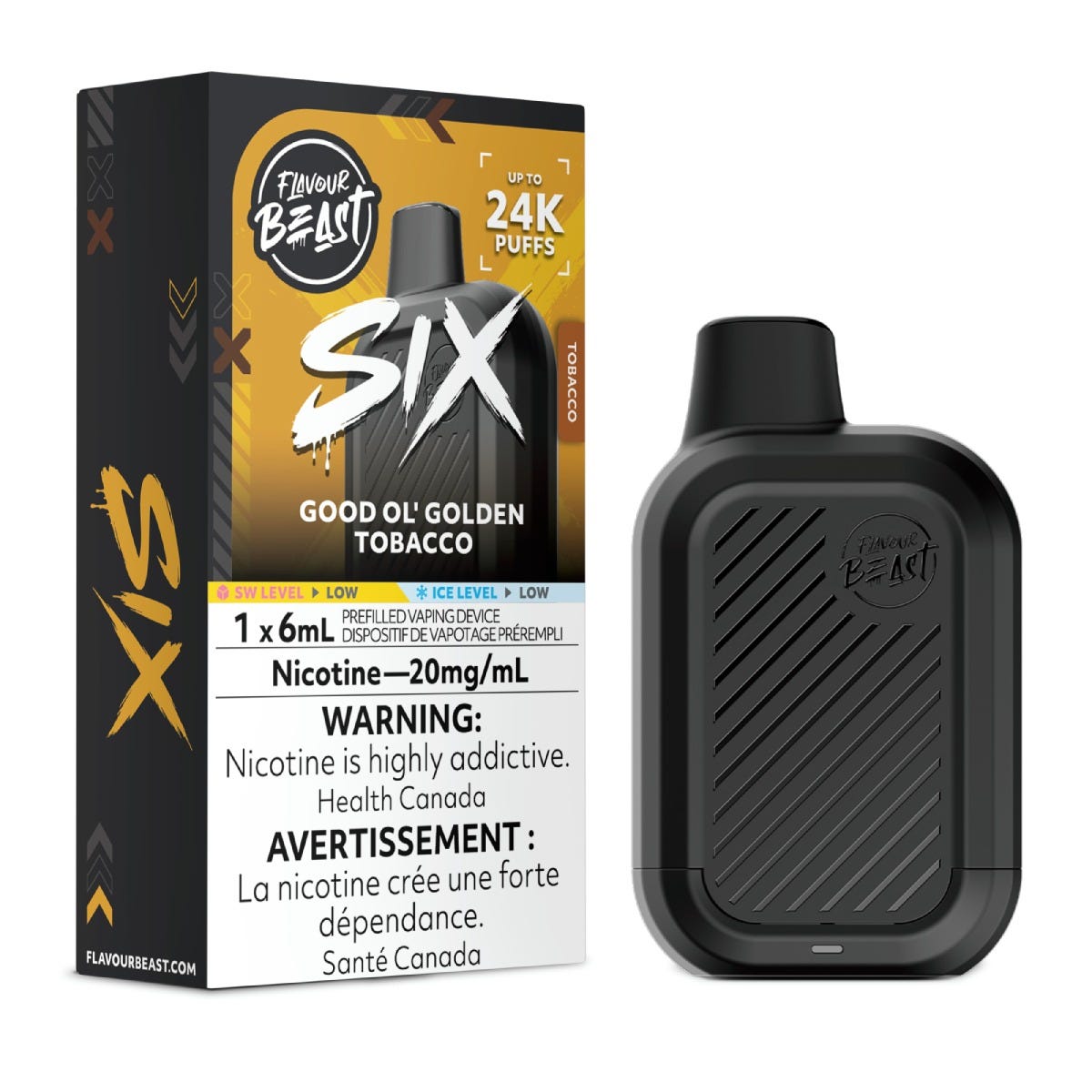 Flavour Beast SIX disposable vape in Good Ol' Golden Tobacco flavour, 24,000 puffs, 6mL | Supa Vapes Canada