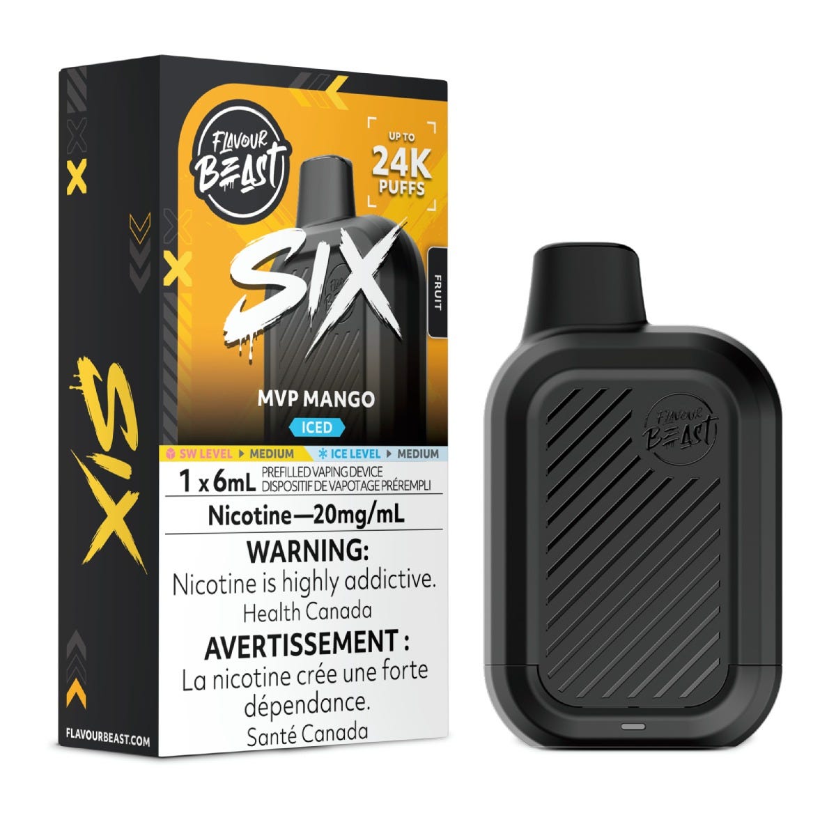 Flavour Beast SIX disposable vape in MVP Mango Iced flavour, 24,000 puffs, 6mL | Supa Vapes Canada