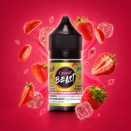 Flavour Beast Smashin' Strawberry Jewel Iced 30mL salt nicotine e-liquid, 20mg/mL, ripe strawberry with mixed berry and menthol finish, for refillable pod systems, available at Supa Vapes Canada.