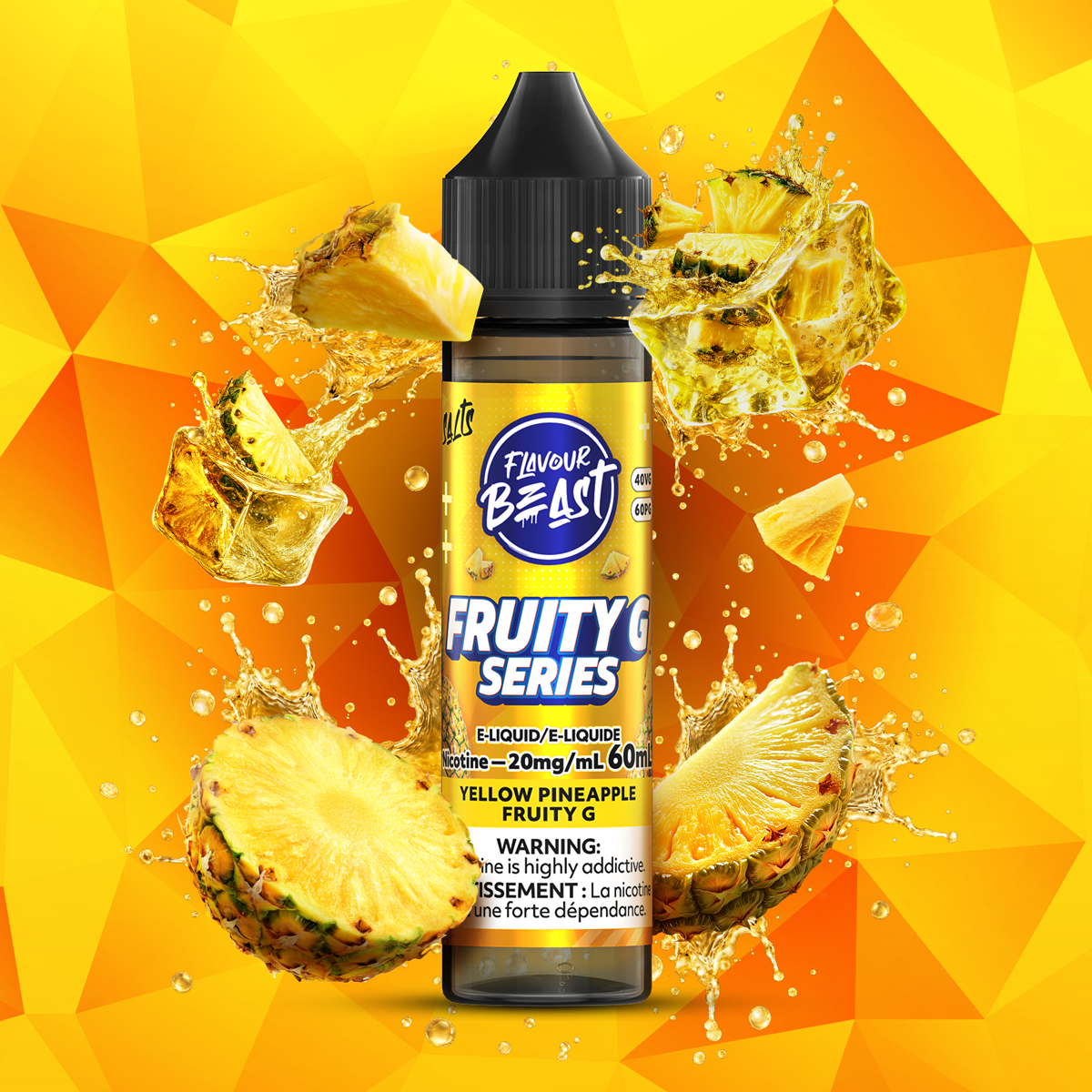Flavour Beast Yellow Pineapple Fruity G Series 60mL salt nicotine e-liquid, 20mg/mL, vibrant pineapple with tropical fruit-forward finish, for refillable pod systems, available at Supa Vapes Canada.
