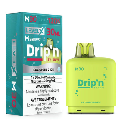 Level X Drip'n by Envi M30 pod in Baja Green D Ice flavour, 30mL, 120K puffs | Supa Vapes Canada