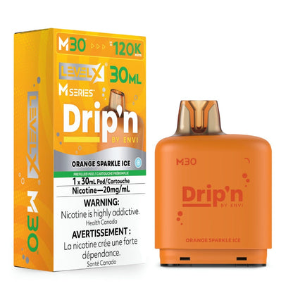 Level X Drip'n by Envi M30 pod in Orange Sparkle Ice flavour, 30mL, 120K puffs | Supa Vapes Canada
