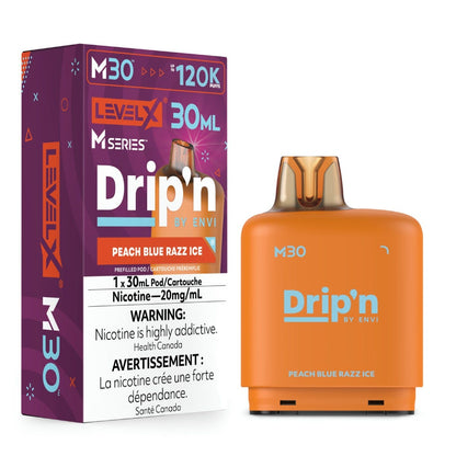 Level X Drip'n by Envi M30 pod in Peach Blue Razz Ice flavour, 30mL, 120K puffs | Supa Vapes Canada