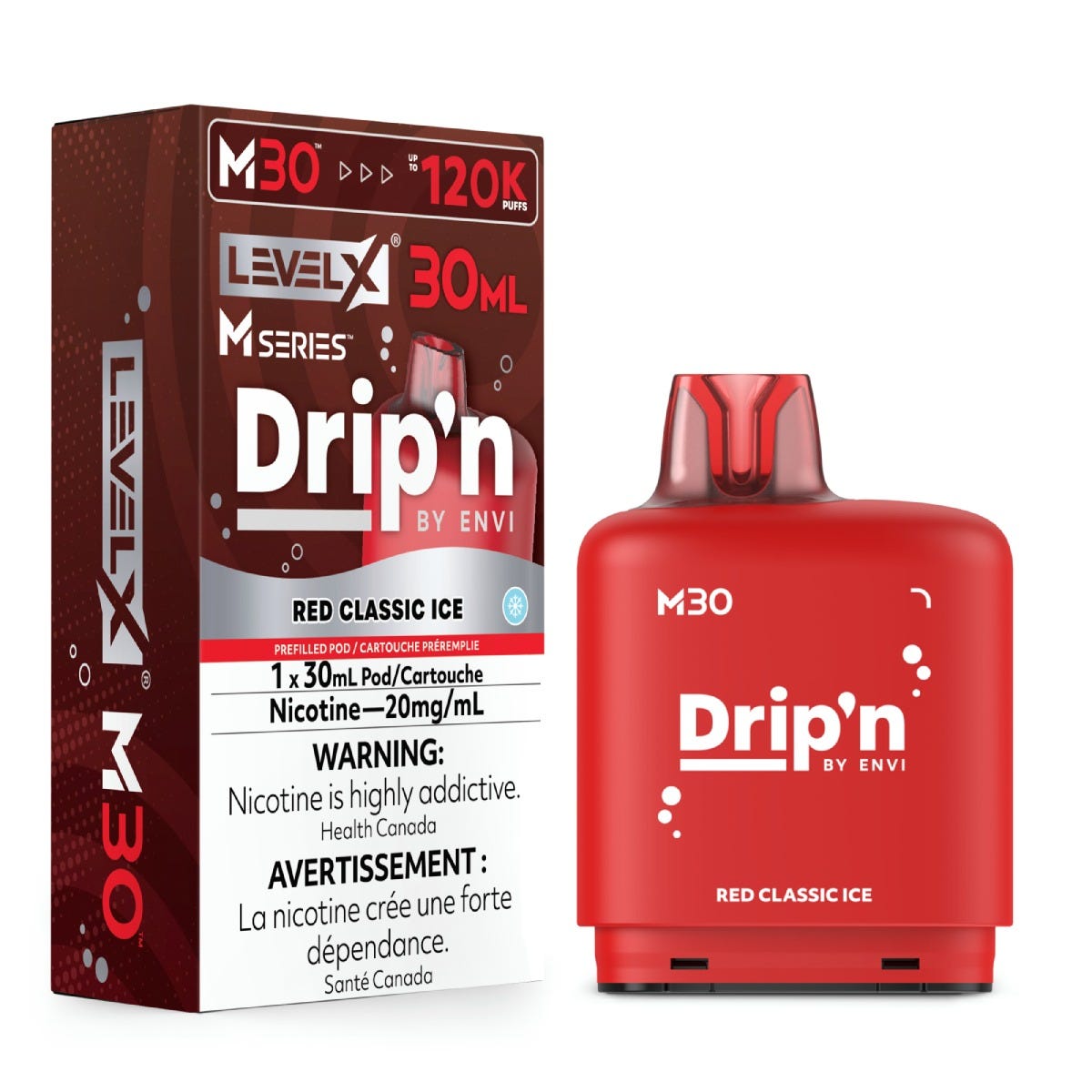 Level X Drip'n by Envi M30 pod in Red Classic Ice flavour, 30mL, 120K puffs | Supa Vapes Canada