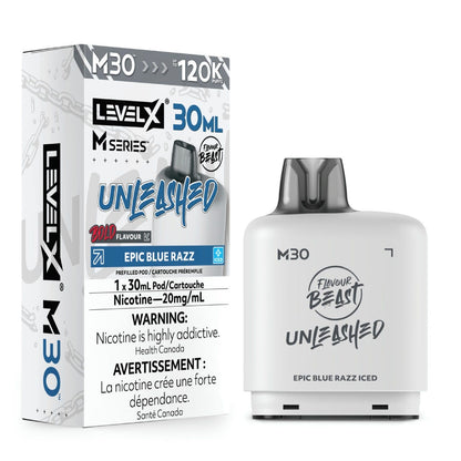 Flavour Beast Level X Unleashed M30 pod in Epic Blue Razz Iced flavour, 30mL, 120K puffs | Supa Vapes Canada