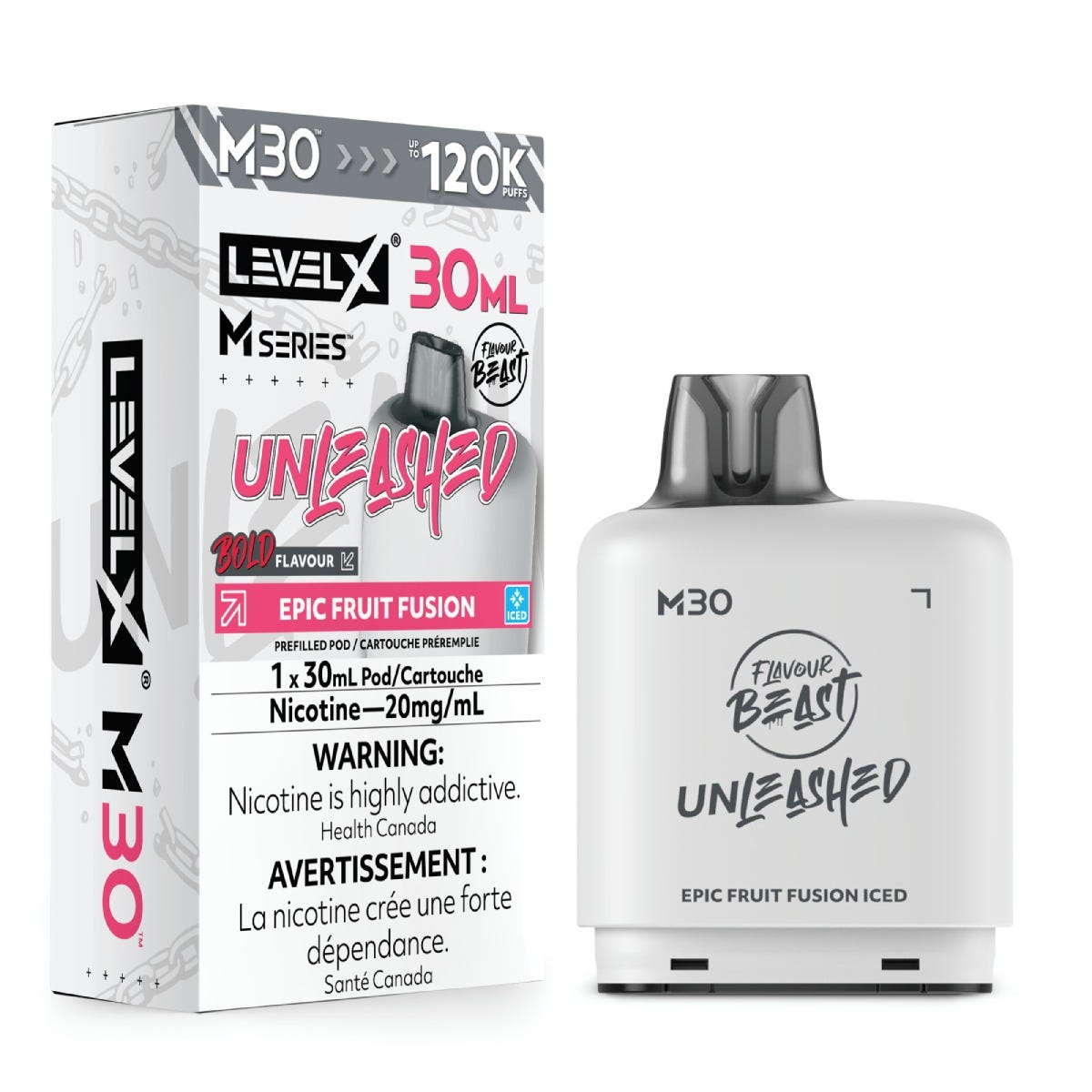 Flavour Beast Level X Unleashed M30 pod in Epic Fruit Fusion Iced flavour, 30mL, 120K puffs | Supa Vapes Canada