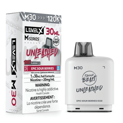 Flavour Beast Level X Unleashed M30 pod in Epic Sour Berries Iced flavour, 30mL, 120K puffs | Supa Vapes Canada