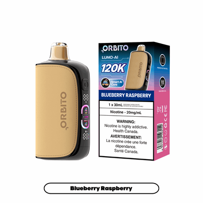 Orbito Lumo-AI 120K disposable vape in Blueberry Raspberry flavour with Smart AI Core, 120,000 puffs, 20mg salt nicotine, available at SupaVapes Canada.