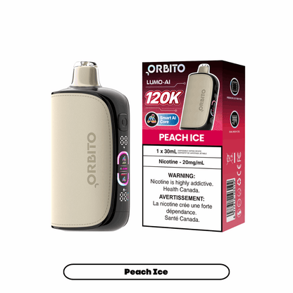 Orbito Lumo-AI 120K disposable vape in Peach Ice flavour with Smart AI Core, 120,000 puffs, 20mg salt nicotine, available at SupaVapes Canada.