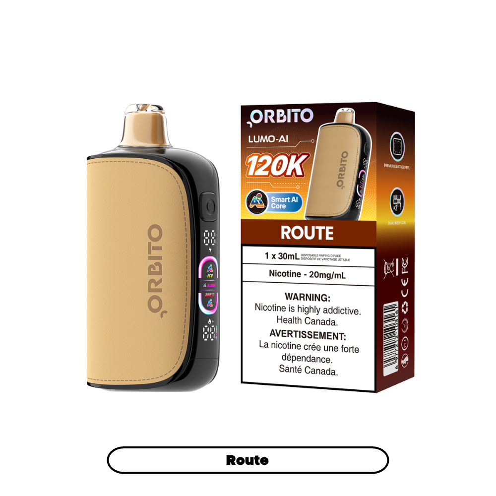 Orbito Lumo-AI 120K disposable vape in Route flavour with Smart AI Core, 120,000 puffs, 20mg salt nicotine, available at SupaVapes Canada.