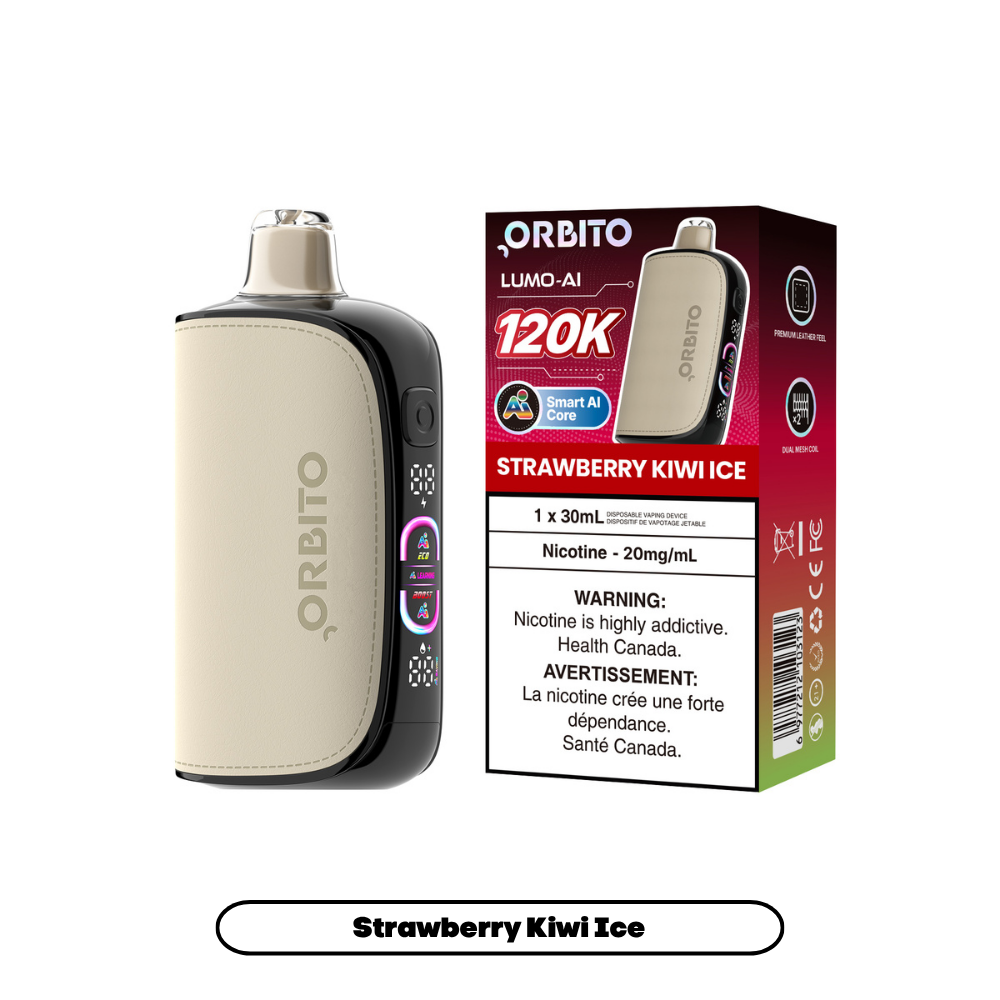 Orbito Lumo-AI 120K disposable vape in Strawberry Kiwi Ice flavour with Smart AI Core, 120,000 puffs, 20mg salt nicotine, available at SupaVapes Canada.