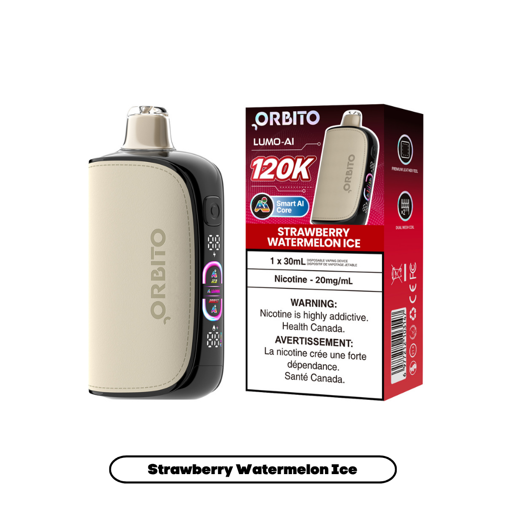 Orbito Lumo-AI 120K disposable vape in Strawberry Watermelon Ice flavour with Smart AI Core, 120,000 puffs, 20mg salt nicotine, available at SupaVapes Canada.
