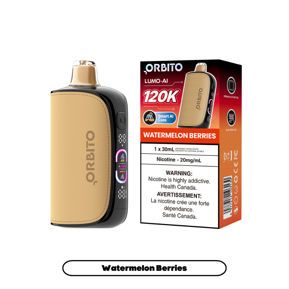 Orbito Lumo-AI 120K disposable vape in Watermelon Berries flavour with Smart AI Core, 120,000 puffs, 20mg salt nicotine, available at SupaVapes Canada.