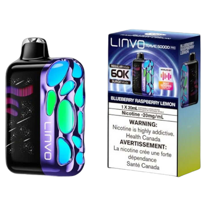Linvo Rave 60000 PRO, Blueberry Raspberry Lemon flavour, beat-sensing LED lights, up to 60,000 puffs for long-lasting satisfaction, ideal for Ontario and Quebec vapers.