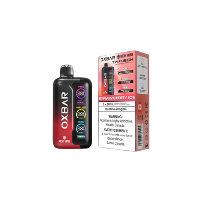 Rocky Vapor Oxbar Tri Fusion, Strawberry Ice flavour, rich smooth vapor with triple tank control, ideal for vape enthusiasts in Ontario and Quebec.
