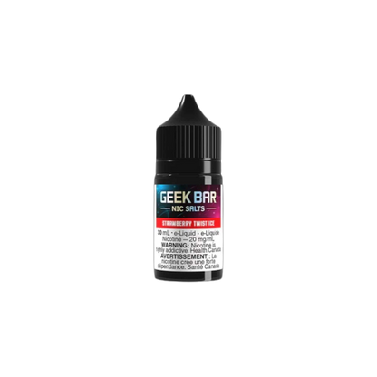 GEEK BAR NIC SALTS E-liquid bottle showing Strawberry Twist Ice flavor, 30mL, 20mg/mL salt nicotine.