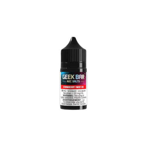 GEEK BAR NIC SALTS E-liquid bottle showing Strawberry Twist Ice flavor, 30mL, 20mg/mL salt nicotine.