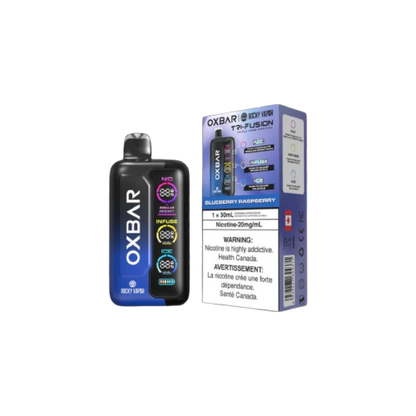 Rocky Vapor Oxbar Tri Fusion, Blueberry Raspberry flavour, premium vaping device delivering up to 45,000 puffs with custom control, designed for Ontario and Quebec users.