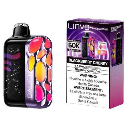 Linvo Rave 60000 PRO, Blackberry Cherry flavour, smart LED beat-sensing lights, adjustable airflow, personalized vape experience, premium disposable vape for Ontario and Quebec users.