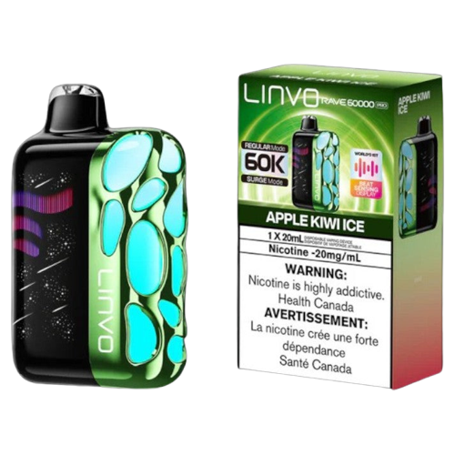 Linvo Rave 60000 PRO, Apple Kiwi Ice flavour vape with beat-sensing LED, 60,000 puffs, adjustable airflow, rechargeable battery, ideal for Ontario and Quebec vapers