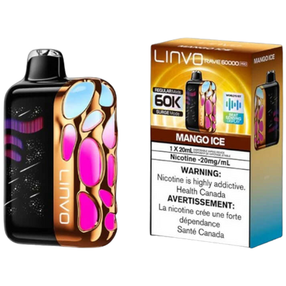 Linvo Rave 60000 PRO, Mango Ice flavour, high-capacity vape device with beat-sensing LED lights and adjustable airflow for a personalized vaping experience.