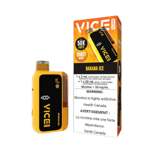 VICE CLICK Disposable, BANANA ICE flavour, powerful disposable vape with up to 50,000 puffs and refillable cartridge, ideal for Ontario and Quebec customers.