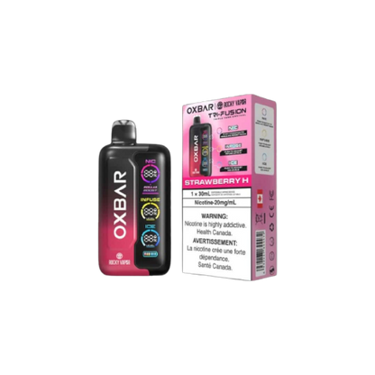 Rocky Vapor Oxbar Tri Fusion, Strawberry H flavour, compact and sleek design, precise control with huge vapor clouds, ideal for vape enthusiasts in Ontario and Quebec.