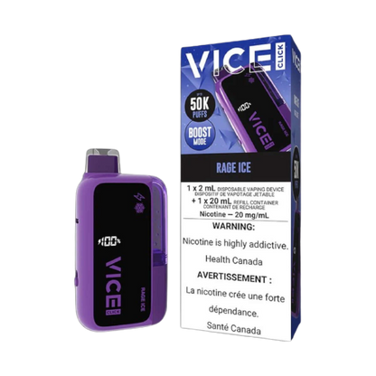 VICE CLICK Disposable, RAGE ICE flavour, nicotine-free disposable vape device, designed for vaping fans in Ontario and Quebec.