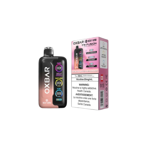 Rocky Vapor Oxbar Tri Fusion, Peach Watermelon Ice flavour, refreshing and smooth hits, specially designed for Ontario and Quebec vapers.