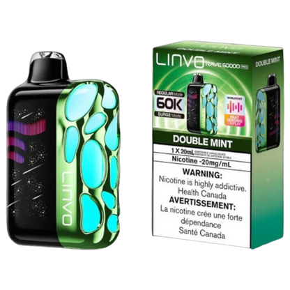 Linvo Rave 60000 PRO Double Mint flavour vape with advanced beat-sensing LED lights, adjustable airflow, and long-lasting battery for up to 60,000 puffs, ideal for Ontario and Quebec vapers.