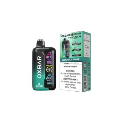 Rocky Vapor Oxbar Tri Fusion, Double Mint flavour, customizable vape with unmatched puff capacity, ideal for Ontario and Quebec vapers.