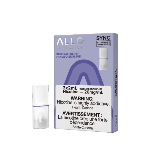 Allo Sync Pod, Blue Raspberry flavour, 20mg nicotine strength, STLTH-compatible pre-filled pod with easy draw-activated design, ideal for Ontario and Quebec vapers.