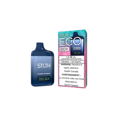 STLTH ECO BOX Disposable, Blueberry Raspberry flavour, rechargeable disposable vape with 10ML flavourful e-liquid, USB-C charging and adjustable airflow, designed for Ontario and Quebec vapers.
