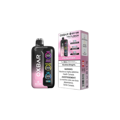 Rocky Vapor Oxbar Tri Fusion, Peach Ice flavor, adjustable nicotine and cooling control, perfect for Ontario and Quebec vapers.