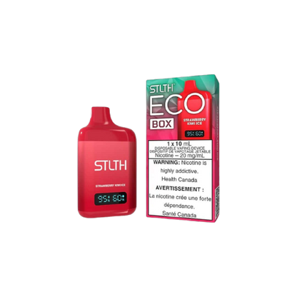 STLTH ECO BOX Disposable, Strawberry Kiwi Ice flavour, rechargeable with 10ML e-liquid, smooth flavour and customizable draw, designed for Ontario and Quebec vapers.
