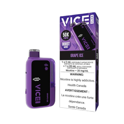 VICE CLICK Disposable, Grape Ice flavour, easy-to-use disposable vape, long-lasting grape ice refreshment, designed for vapers in Ontario and Quebec.