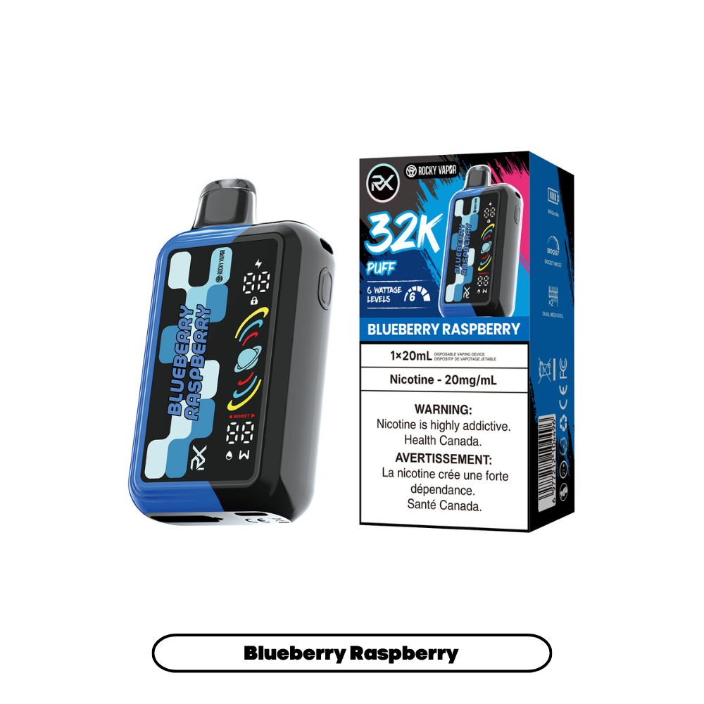 Rocky Vapor RX 32K disposable vape in Blueberry Raspberry flavour, 32,000 puffs, 20mL | Supa Vapes Canada