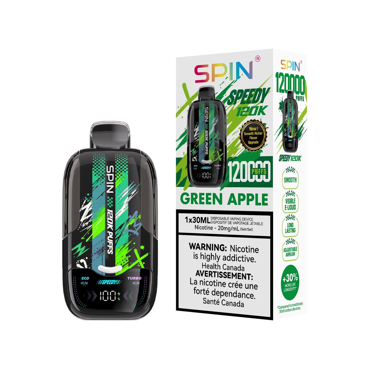 SPIN Speedy 120K disposable vape in Green Apple flavour with box, 120,000 puffs, 30mL | Supa Vapes Canada