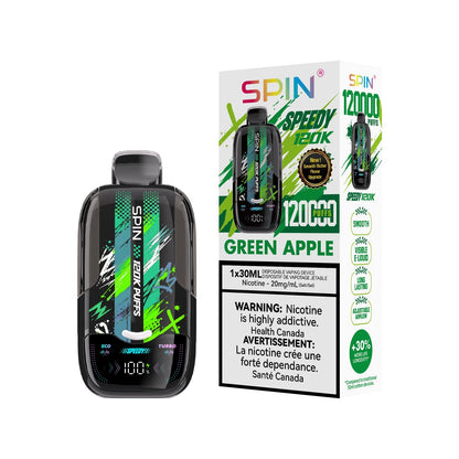 SPIN Speedy 120K disposable vape in Green Apple flavour with box, 120,000 puffs, 30mL | Supa Vapes Canada