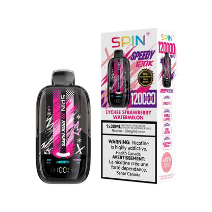 SPIN Speedy 120K disposable vape in Lychee Strawberry Watermelon flavour with box, 120,000 puffs, 30mL | Supa Vapes Canada