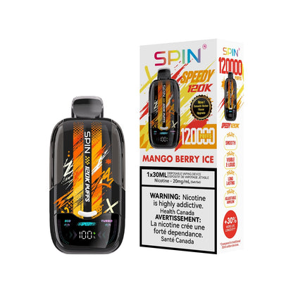 SPIN Speedy 120K disposable vape in Mango Berry Ice flavour with box, 120,000 puffs, 30mL | Supa Vapes Canada